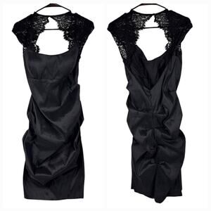 Xscape Lace Sheath Dress 14 Womens Black Cap Sleeves Ruched‎ Cocktail LBD USA